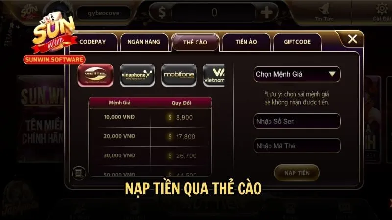 nap tien sunwin 4 Nạp tiền qua thẻ cào